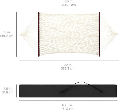 Image of 2-Person Double Hammock Outdoor Woven Cotton Rope Hammocks for Backyard Patio w/Spreader Bars