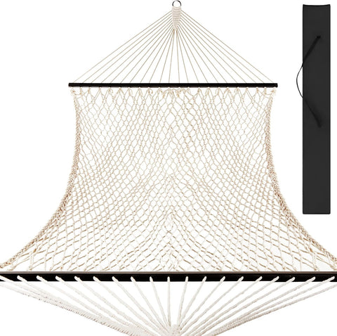 Image of 2-Person Double Hammock Outdoor Woven Cotton Rope Hammocks for Backyard Patio w/Spreader Bars