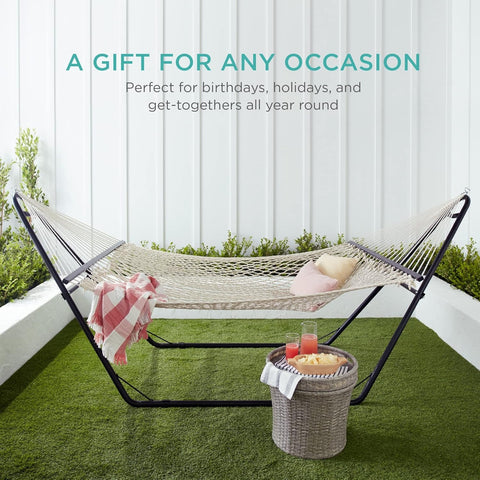 Image of 2-Person Double Hammock Outdoor Woven Cotton Rope Hammocks for Backyard Patio w/Spreader Bars
