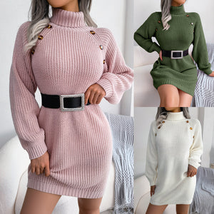 Turtleneck Long Sweater Dress With Button Design Leisure Clinch